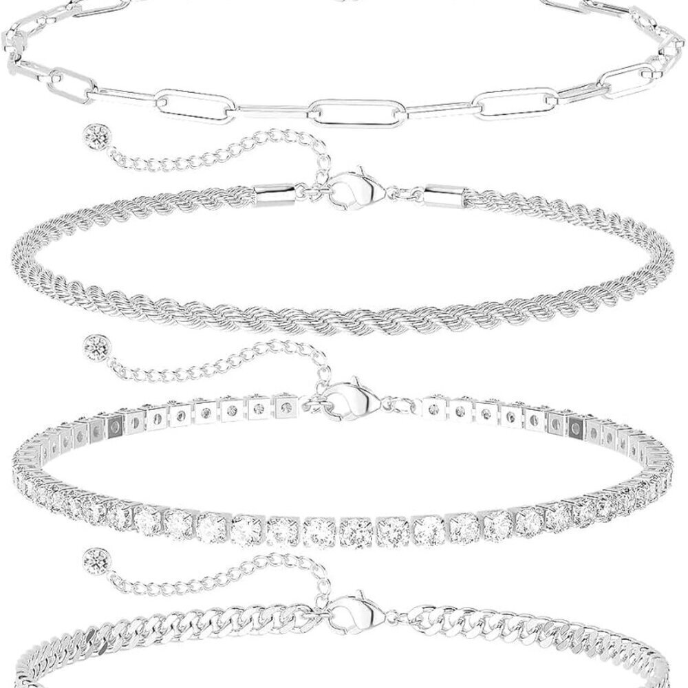 Silver Anklet Set Dainty Layered Waterproof Adjustable Beach Jewelry Women